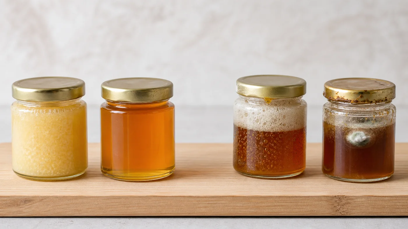 Quatre pots comparant un miel cristallisé, un miel plus sombre, un miel mousseux et un miel moisi