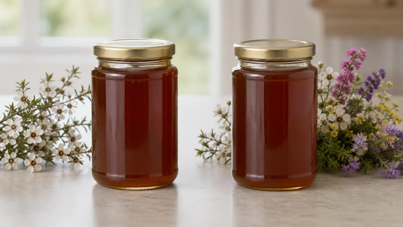 Deux pots de miel ambré d’aspect similaire, l’un devant des fleurs de mānuka et l’autre devant plusieurs fleurs