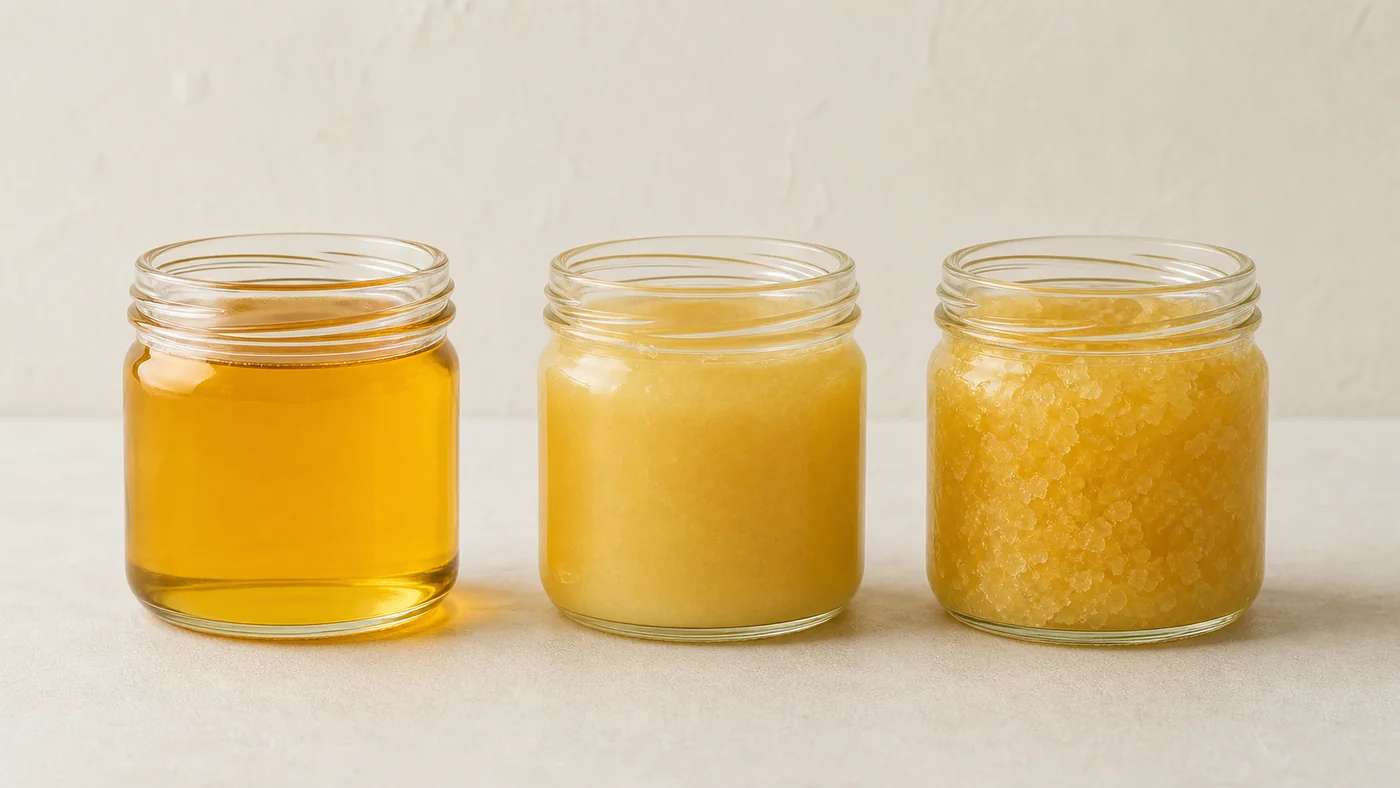 Trois pots montrant un miel liquide, une cristallisation fine et une cristallisation à gros grains